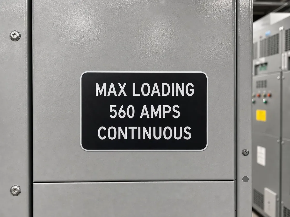Black engraved tag on a switchgear door reading MAX LOADING 560 AMPS CONTINUOUS